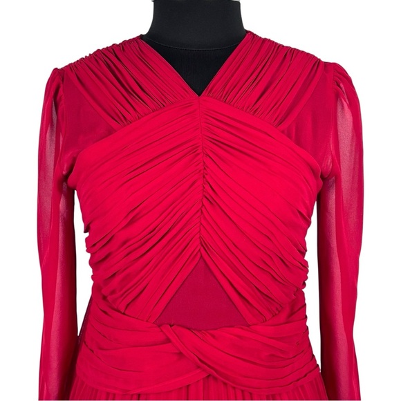 SELF PORTRAIT DARK RED CROSS FRONT LONG SLEEVE PLEATED SKIRT LACE MIDI DRESS - Picture 13 of 15